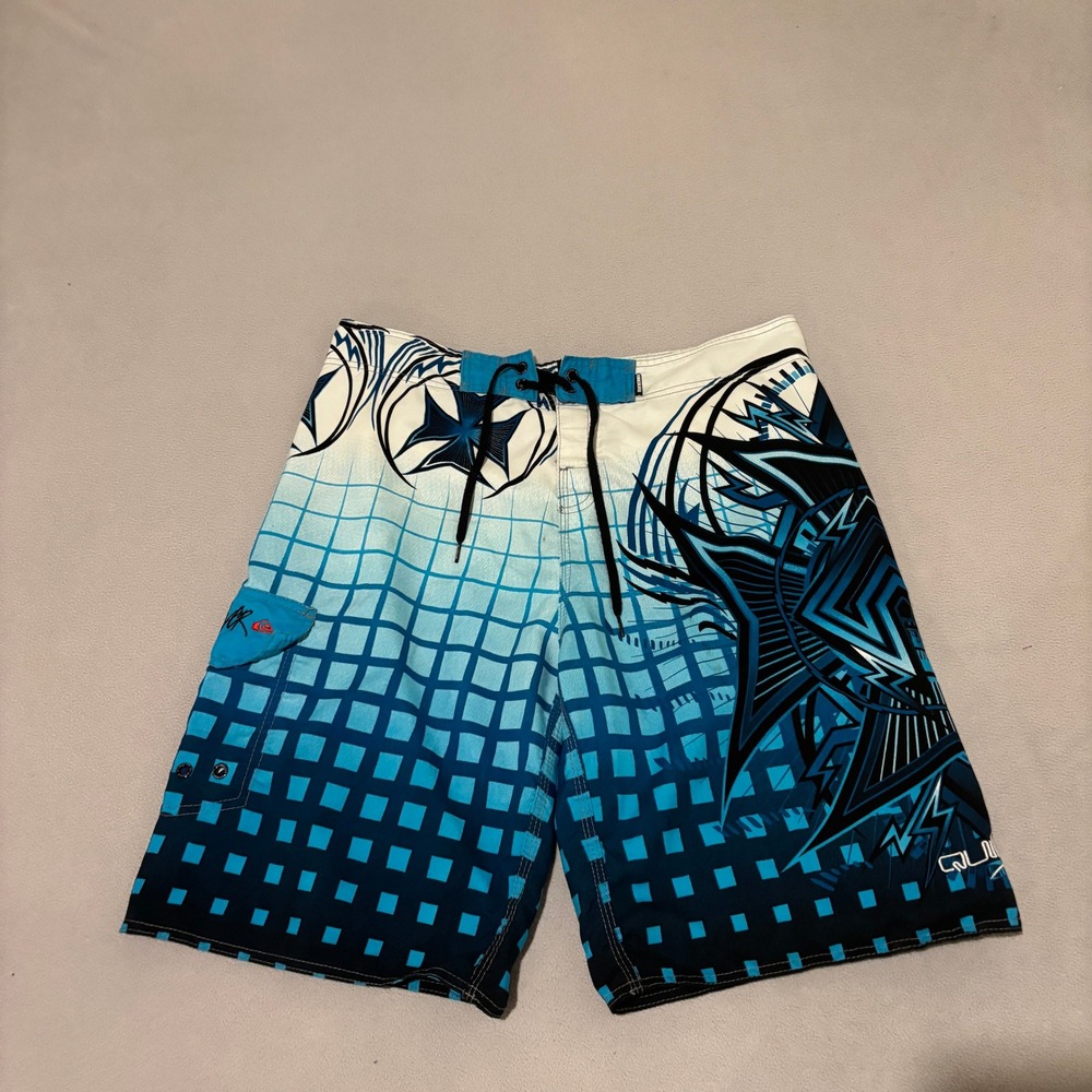 Quiksilver Mens Boardshorts Blue Tribal Grid Graphic Swim Trunks Size 38 Summer